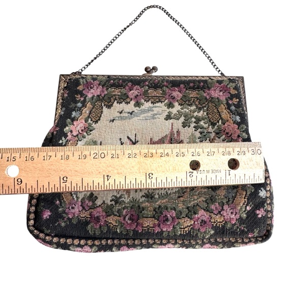 Vintage Tapestry Needlepoint Purse Castle Boat  Turn Closure Satin Lining France - Picture 5 of 8